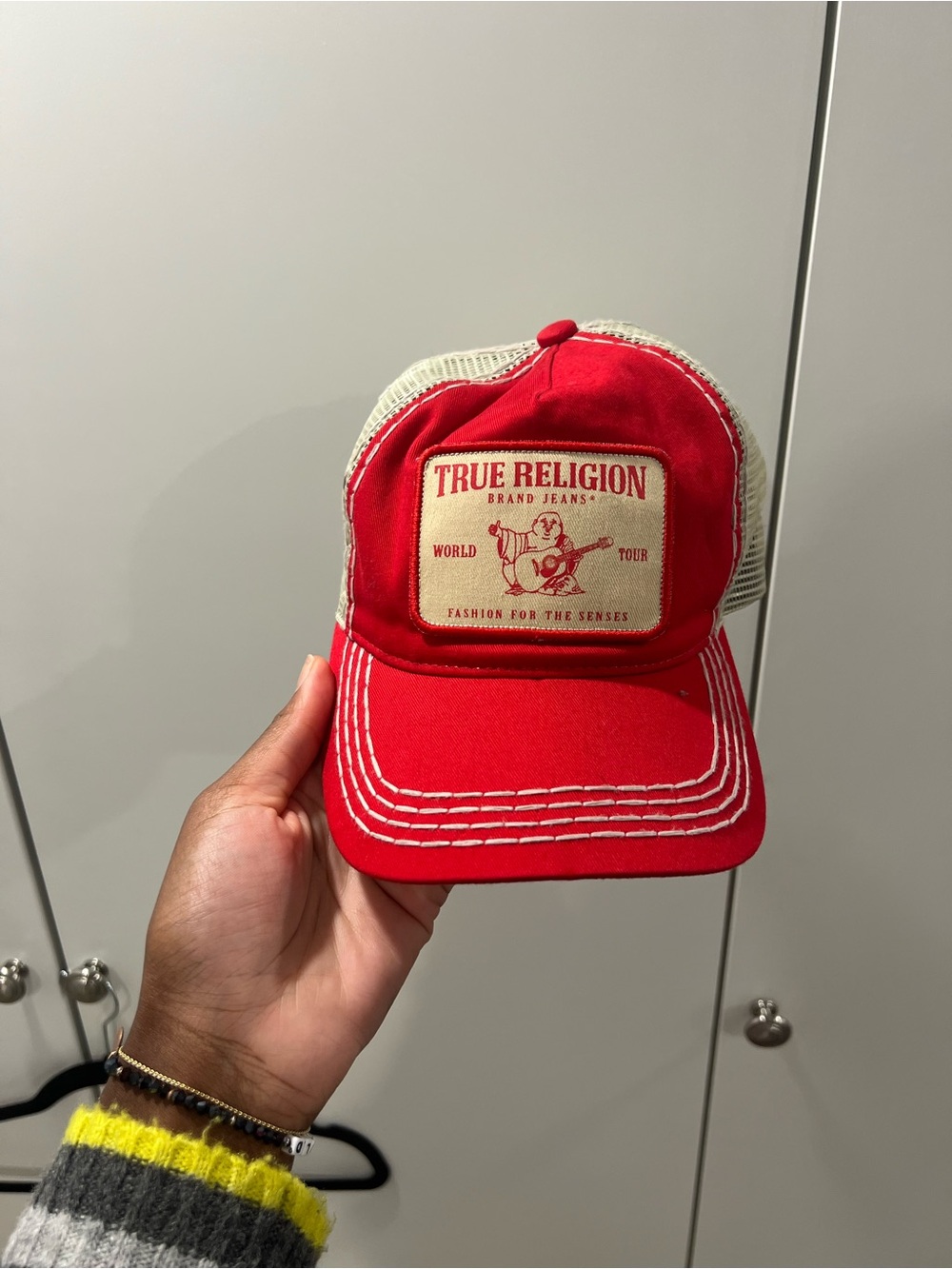 True Religion Red and Cream Mesh Trucker Hat